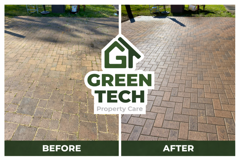Pressure wash cleaning lawn