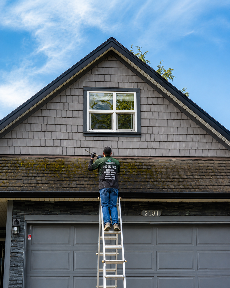 Man cleaning moss from the roof